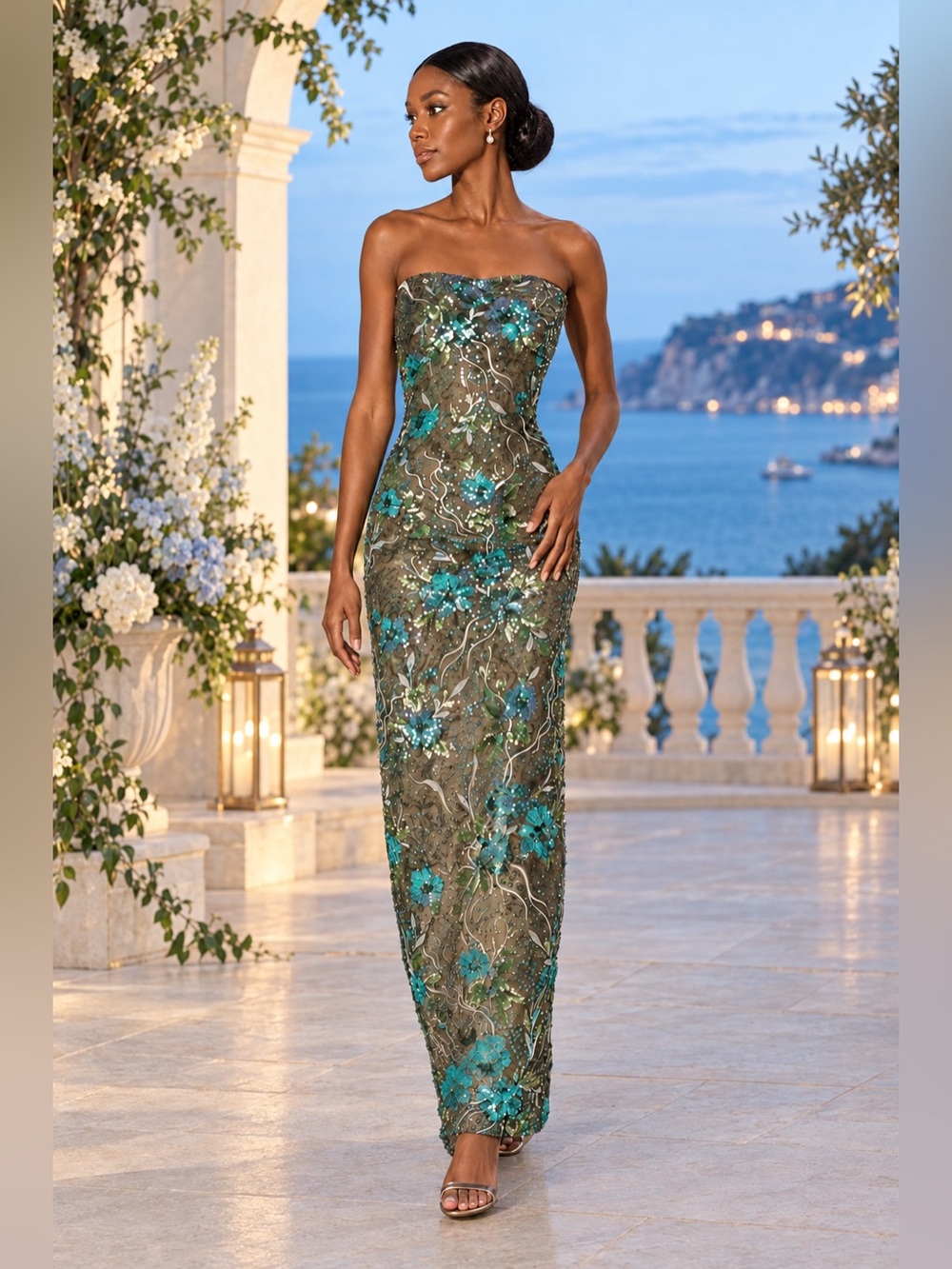 Bronx and Banco NWOT Strapless Sequin Floral Maxi Dress - Teal & Olive